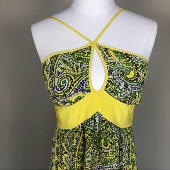Anthropology Plenty by Tracy Reese yellow green silk maxi dress key hole halter - Picture 3 of 10
